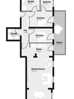 Grundriss des ca. 83m² großen Appartements 552 mit einem 12m² großen seitlichen Balkon und Meerblick