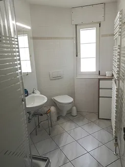 Bad und WC (Dusche und Waschbecken linksseitig)