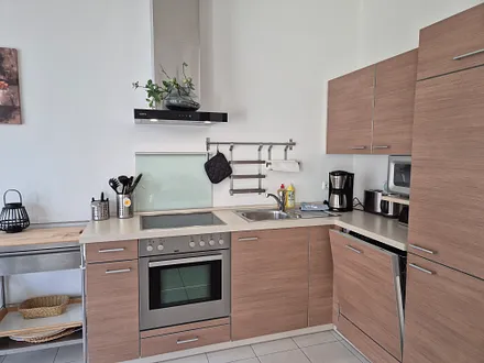 Komplett ausgestattete Küche mit Geschirrspüler, Kaffeemaschine, Wasserkocher, Toaster, Microwelle, Kühlschrank mit Gefrierfach