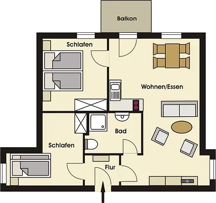 Grundriss der gemütlichen Ferienwohnung im OG für max. 2 Erwachsene und 2 Kinder mit getrennten Schlafzimmern