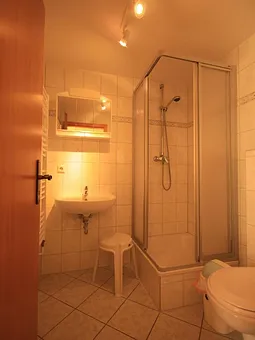 Das Bad mit Duche, WC und Waschbecken