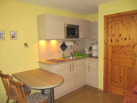 Küchenzeile mit Herd, Kühlschrank und Mikrowelle / Essplatz