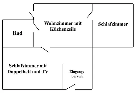 Grundriß nicht maßstabsgerecht. Die beiden eingezeichneten Außentüren führen jeweils zu einer Terrasse.