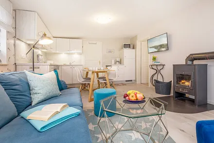 Der Kaminofen kann mit Holz beheizt werden.