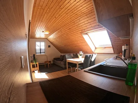 Küche und Wohnzimmer mit Außenrollo