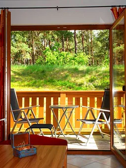 Blick aus dem Wohnzimmer auf den Balkon zum Dünenwald