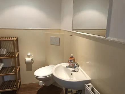 Badezimmer mit Toilette und Waschbecken