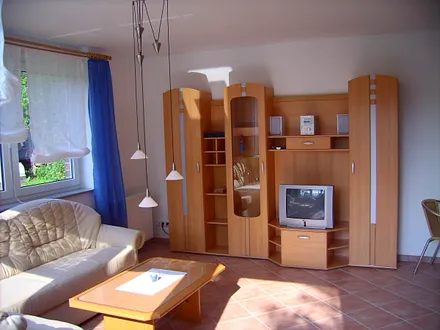 Schrankwand im Wohnbereich. Integriert ist ein Fernseher mit Sat-Receiver, eine Musik-Anlage mit Radio, CD-Player, Cassettenfach und Slots für USB-Sticks und Mikro-Cards, und natürlich Stauraum.