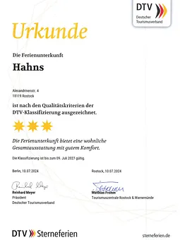 Urkunde DTV Ferienwohnung Hahns