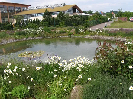 Blick auf Erlebniswelt SPLASH mit Teich