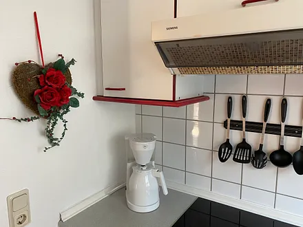 Küche mit Mikrowelle, Toaster, Wasserkocher, E-Herd, Backofen & Kühlschrank