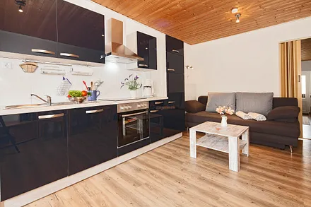 Gartenhaus der Villa See-Eck - Whg. Seestern (EG) - Wohnzimmer - Ansicht Küchenzeile