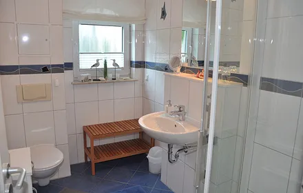 Badezimmer mit Fenster und Echtglasdusche