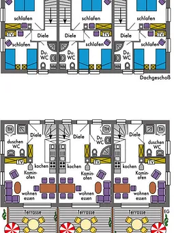 Grundrisse der Reihenhäuser, Bauausführung: erhöhter Schallschutz. 5-Sternequalität nach DTV.
