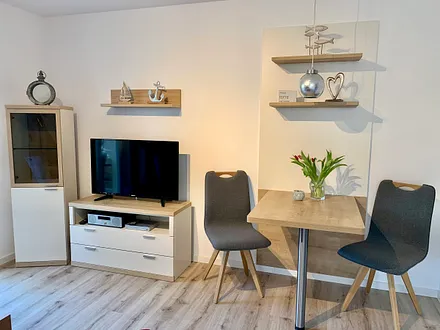 Freundlicher Wohnbereich mit LCD-TV, BluRay-Player und Radio