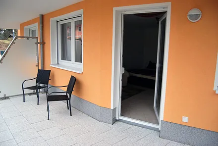 Terrasse mit Blick auf die Kurmuschel