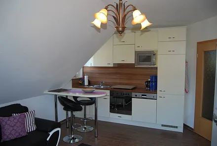 komplett ausgestattete Küchenzeile mit Kochherd, Kühlschrank, Mikrowelle und Geschirrspüler