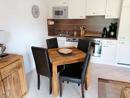 komplett ausgestattete Küchenzeile mit Kochherd, Mikrowelle und Geschirrspüler