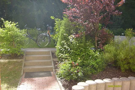 Blick von der Terrasse mit den nutzbaren Fahrrädern