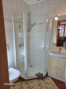Dusche, Waschplatz und WC 