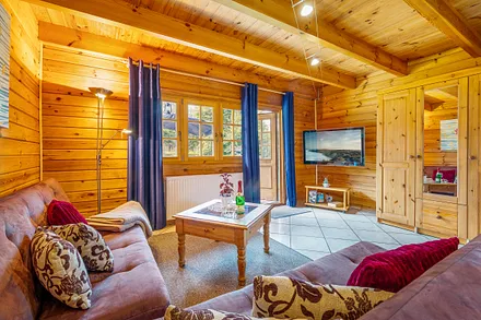 Das Wohnzimmer hat einen 42-Zoll-Flachbild-TV, ein Radio ...