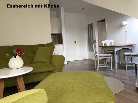 der Essbereich mit Küche, Geschirr, Kühlschrank und Geschirrspühler, 2 Platteninduktionsherd