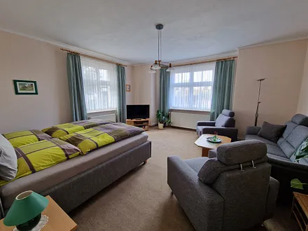 Wohn- und Schlafraum mit Doppelbett, Couch u. Sessel und Flach-TV 