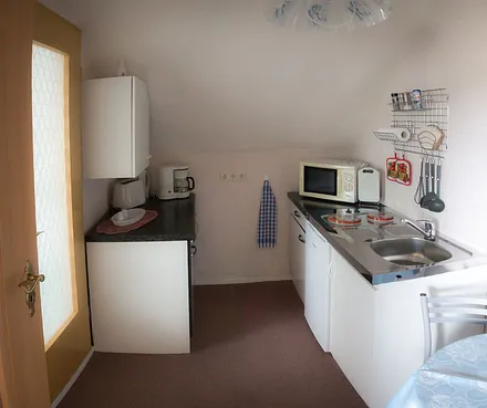 Küche ( Mikrowelle, 2 Kochplatten. Wasserkocher, Kaffeemaschine )
