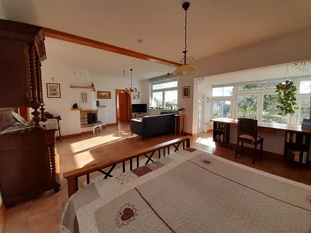 Wohraum mit Schreibtisch und angrenzendem Wintergarten