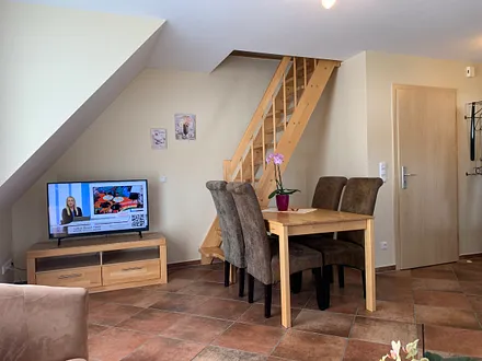 helles und geräumiges Wohnzimmer mit SAT-TV und Esstisch