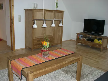 Das Wohnzimmer mit 2 Schlafsofas, WLAN, TV-Flachbild, DVD-Player, Bücher, Spiele.