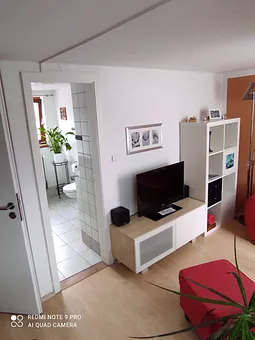 Wohnzimmer mit Blick ins Badezimmer