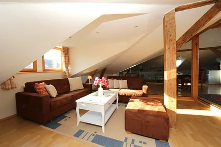 großes Wohnzimmer  mit Dachschrägen (eingeschränkte Deckenhöhe)