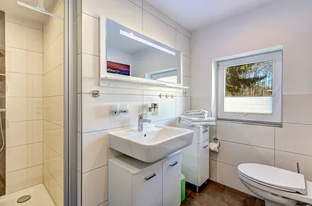 Waschtisch, Fön, WC und Fenster