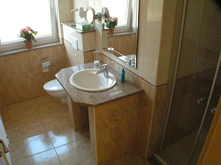 Bad mit Dusche, Fön und Kosmetikspiegel