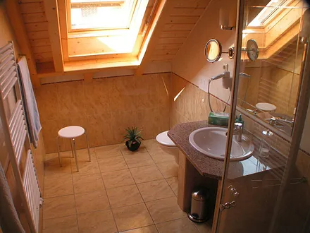 Bad mit Dusche, Fön und Kosmetikspiegel