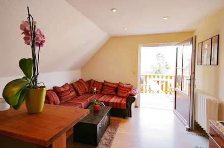 Wohnzimmer mit Sicht auf den Balkon