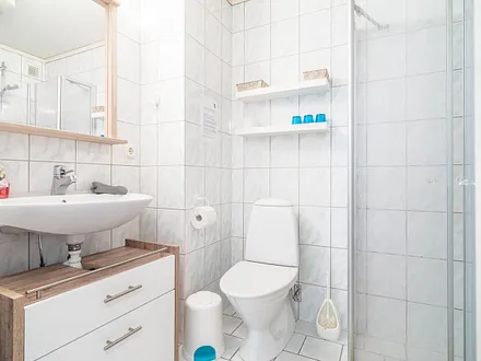 Ferienhaus Residenz zu den 3 Tannen Zingst - Bad im Obergeschoss mit Waschbecken, Dusche, WC und Sauna