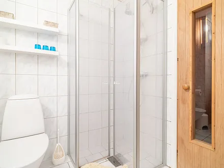 Ferienhaus Residenz zu den 3 Tannen Zingst - Bad im Obergeschoss mit Waschbecken, Dusche, WC und Sauna