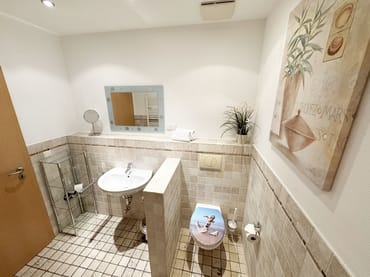 Badezimmer mit Waschbecken und WC
