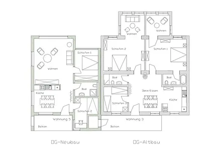 Grundriss im Obergeschoss mit FeWo 3 im Altbau und FeWo 5 im Neubau 