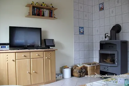 TV und Kaminofen im Wonzimmer