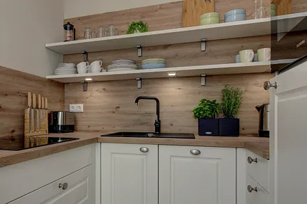 Küche mit Induktionsfeld, Spülmaschine und Gefrierfach