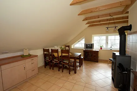 Küche und Essbereich mit Kaminofen