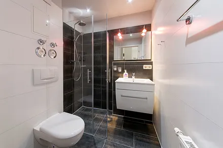 Das schicke Bad hat Echtglasdusche, WC und Waschbecken. 
