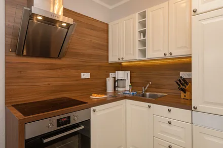 Die Küchenzeile mit Backofen, Geschirrspüler etc.