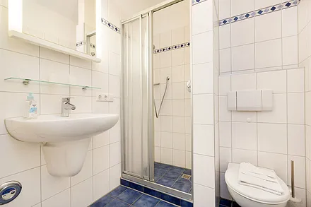 Das schöne Bad mit Dusche und WC.