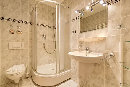 Das schöne Bad hat Dusche, WC und Fön.