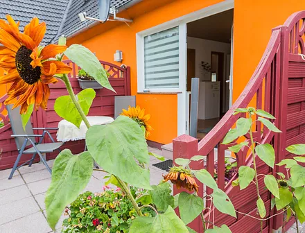 Die sonnige Terrasse und Wohnungseingang