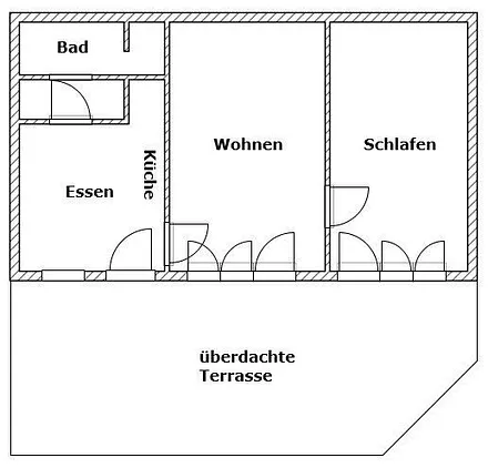 Grundriss: 2-Raum-Wohnung mit separater Küche, überdachte Terrasse mit Strandkorb